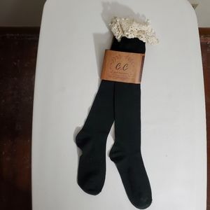 CC Beanie Exclusive Black Knee High Socks Lace Trim Detail One Size‎